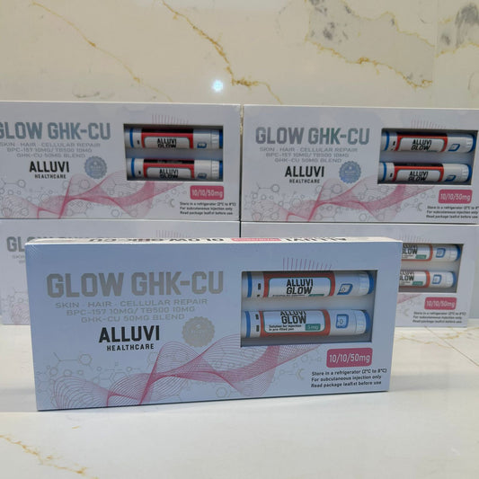 Multiple boxes of 'GLOW GHK-CU' by ALLUVI on a marble surface