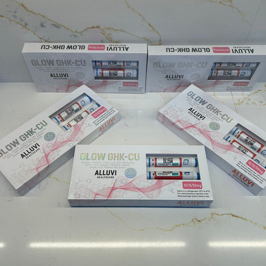 Multiple boxes of Alluvi Glow GHK-CU on a marble surface
